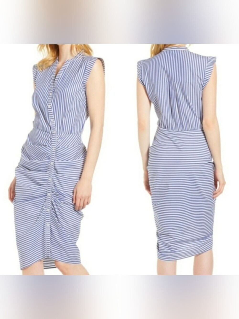 Chelsea28 Stripe Ruched Shirt Dress Sleeveless Midi Blue And White